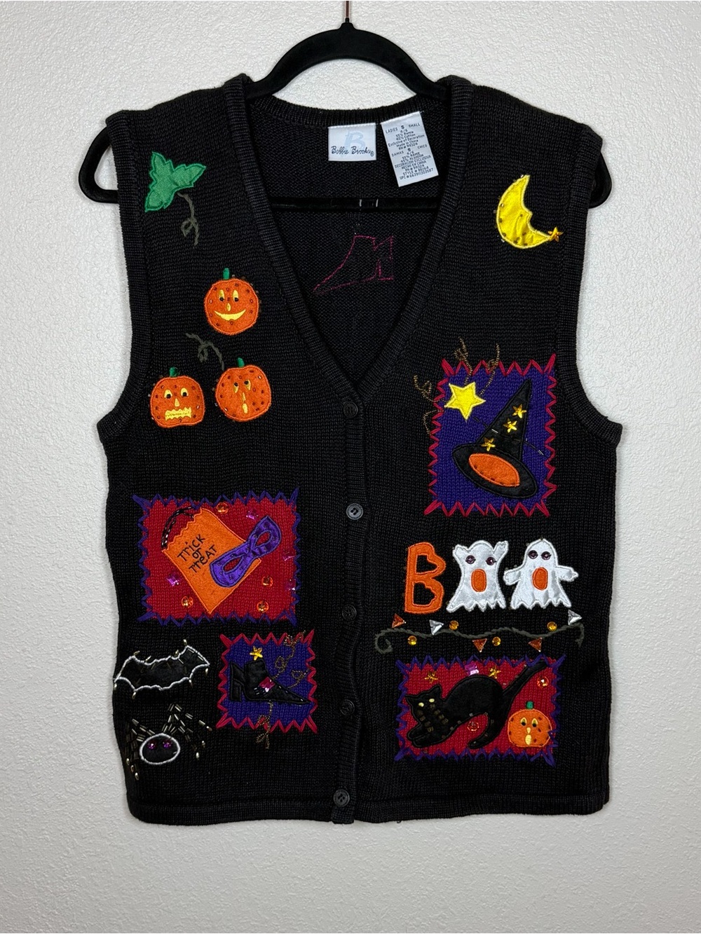 Women’s S Vintage Halloween Knit Button Front Sweater Vest Grannycore Novelty